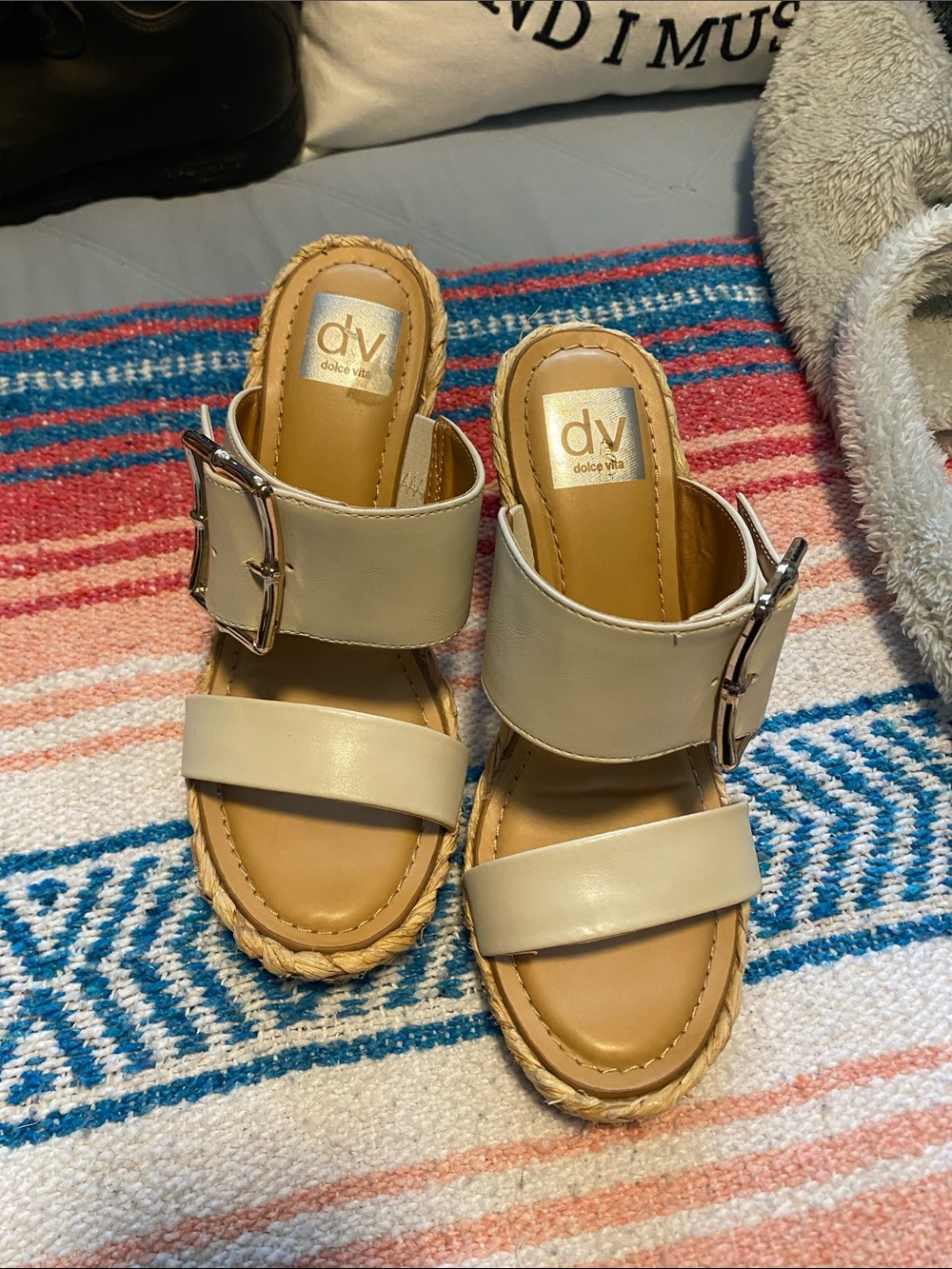 Dolce Vita Cream Leather Espadrille Buckle Slide Mules